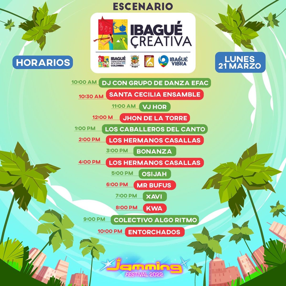 FestivalJamming's tweet photo. 💥🤗 Llegó el momento de armar nuestro itinerario #JammingFestival2022 🤩🌴⚡
Estos son los horarios de la programación del escenario Ibagué Ciudad Creativa ⭐ para el próximo sábado 19, domingo 20 y lunes festivo 21 de marzo 🥳 ¡Disfruta el mayor número de artistas que puedas! https://t.co/h5TbUWONGU