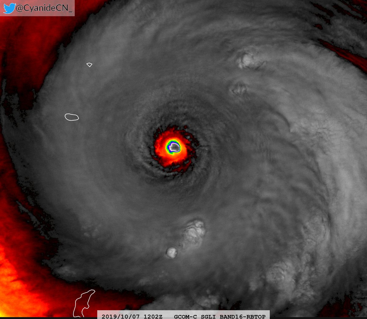 I decide to post more images from GCOM-C satellite. First, Typhoon Hagibis 2019. Eye temp 16.4C.