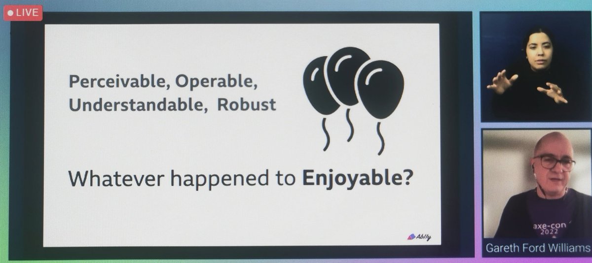 Danny Lancaster (@d2lancaster) on Twitter photo Thoroughly enjoyed <a href="/GarethFW/">Gareth Ford Williams</a> presentation today at #AxeCon2022
While I wholeheartedly agree that 'Enjoyable' should be a WCAG principle, I'm not sure what the success criteria would look like 😂 Thoroughly enjoyed <a href="/GarethFW/">Gareth Ford Williams</a> presentation today at #AxeCon2022
While I wholeheartedly agree that 'Enjoyable' should be a WCAG principle, I'm not sure what the success criteria would look like 😂