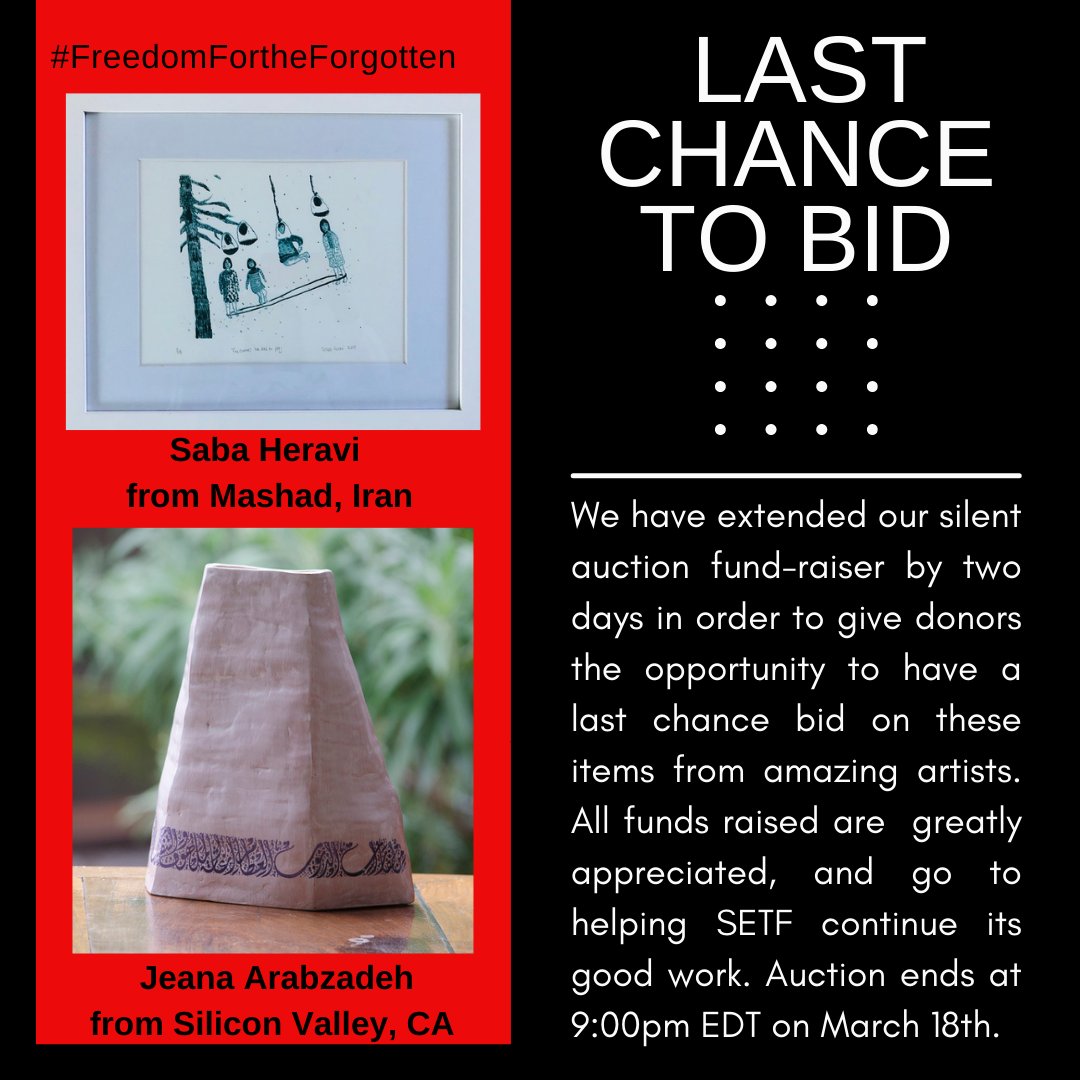 syrianetf's tweet photo. You now have until tomorrow at 9 pm to bid on the amazing items in our auction. Visit https://t.co/cKWAN7vUzb to bid! #silentauction #savesyria #givehope #freedomfortheforgotten https://t.co/pXvZJKr1Mw