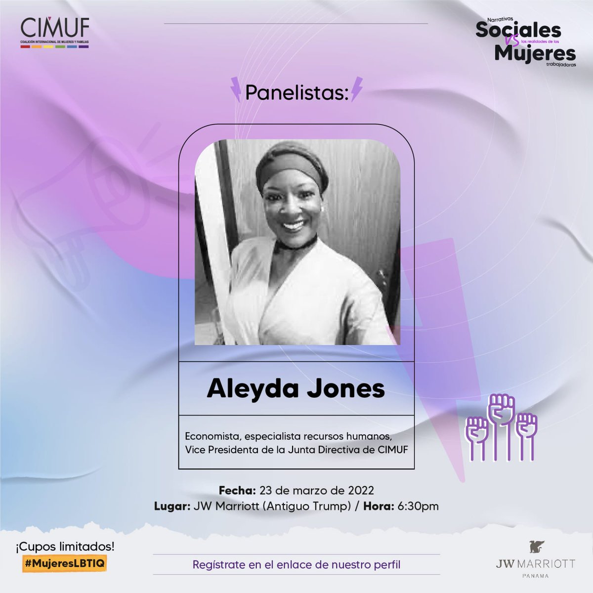 cimufpanama's tweet photo. 💜🏳️‍🌈 Aleyda Jones, Economista, especialista en recursos humanos y Vice Presidenta de #CIMUF 🦹‍♀️, nos acompañara en este foro.🔥
 #cimuf #foro #8MPanama #8M #mujereslbtiq #mujerestrabajadoras https://t.co/FF3PwDghR4