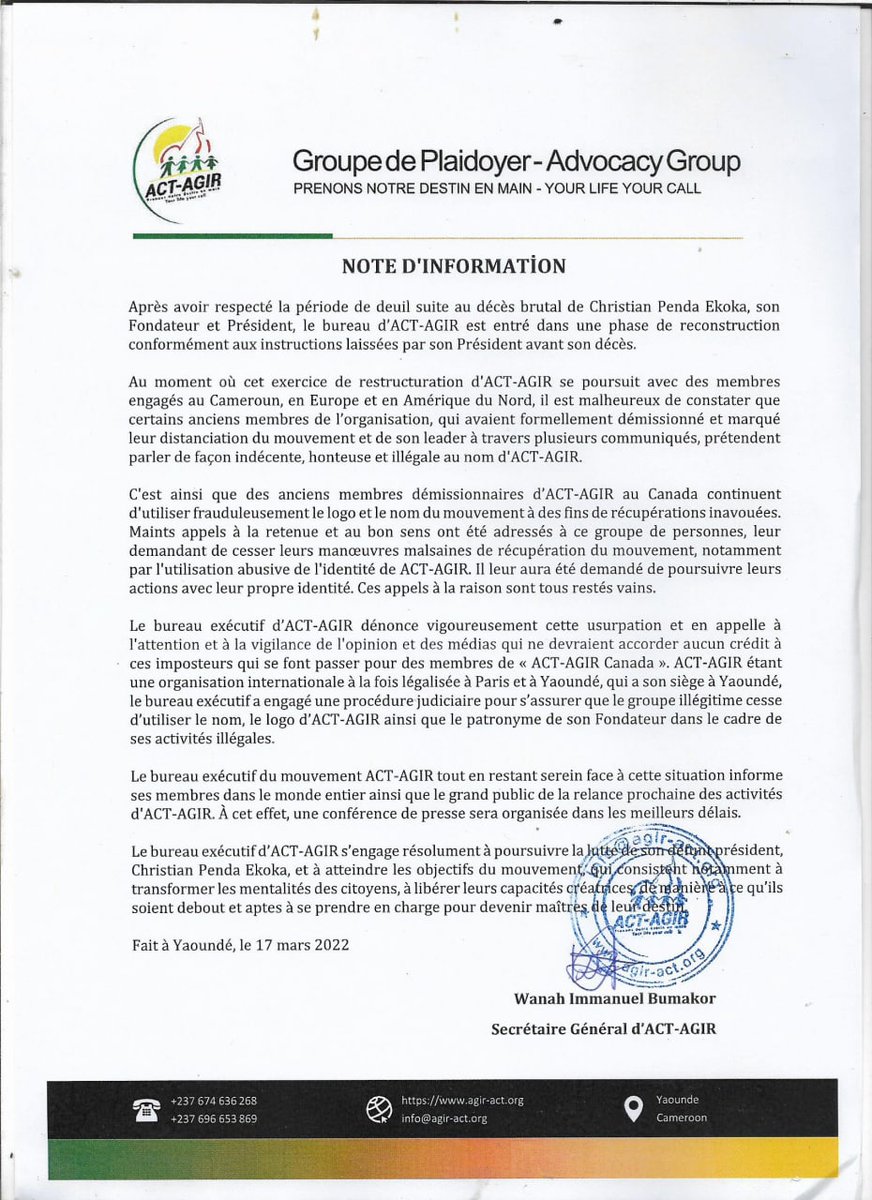 Le mouvement Act-Agir a été durement éprouvé par la disparition de son président et fondateur <a href="/EkokaPenda/">Christian Penda Ekoka</a>. Le temps du deuil passé, le mouvement annonce la reprise de ses activités. Lisez la note d'information.