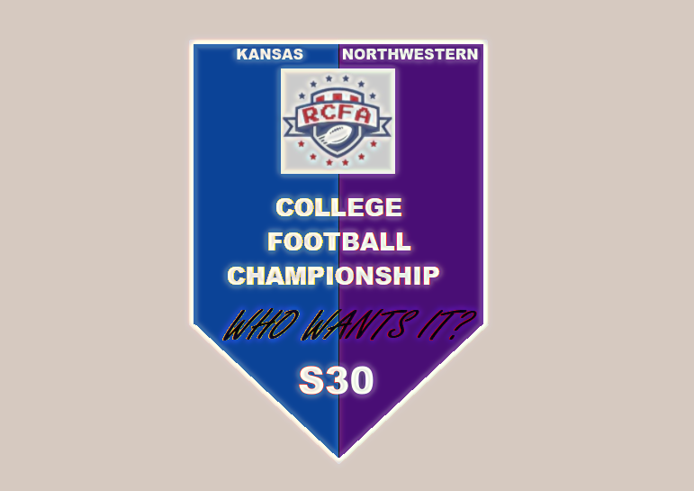CollegeRetro's tweet image. The Season 30 RCFA National Championship Game is Set!!

#5 Northwestern Vs #3 Kansas!!!

Will Northwestern claim their second national title in RCFA's last season, or will Kansas rise up and win their first national title??

WHO WANTS IT?!

#NationalChampion #S30 #eXtreme