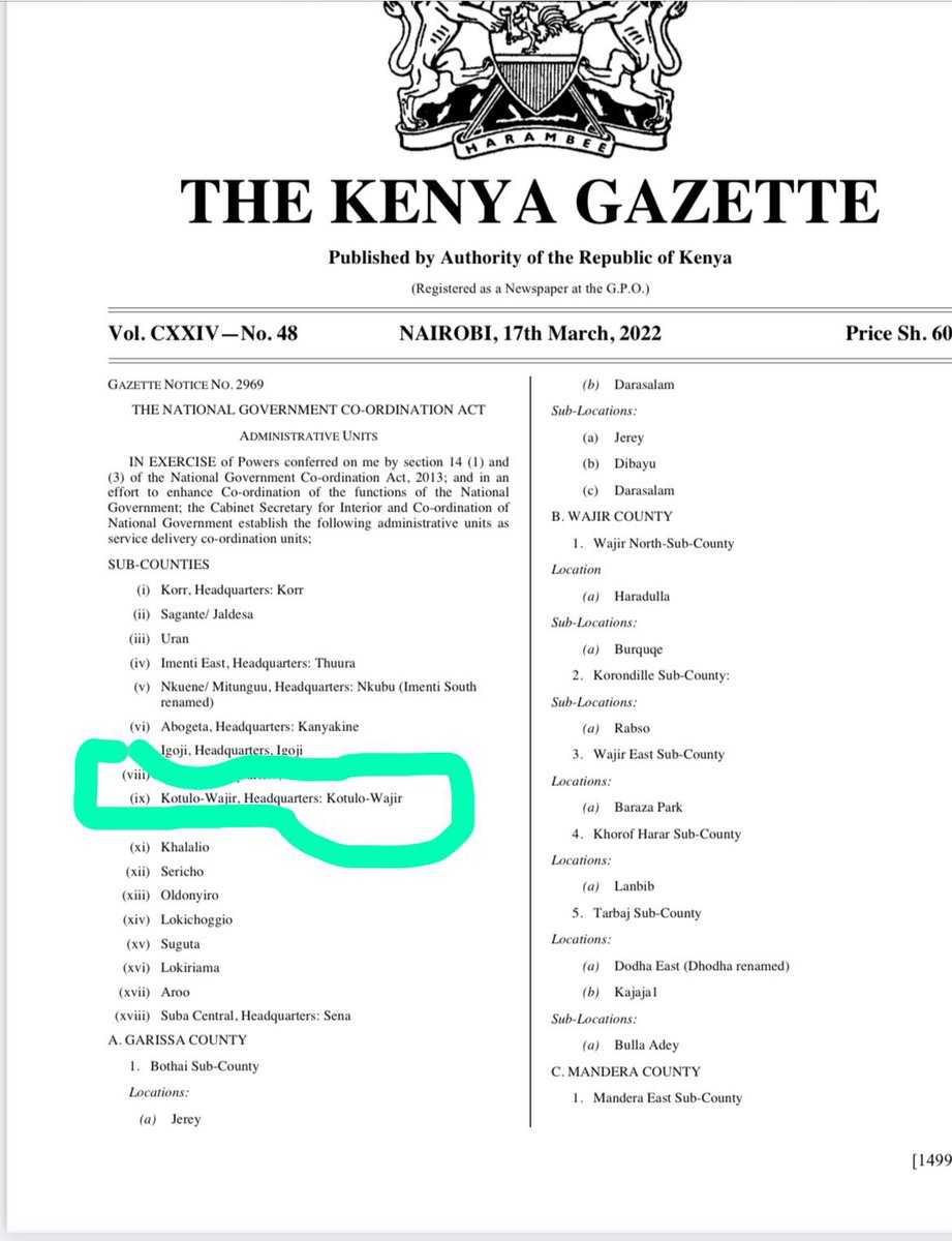 HonBashane's tweet photo. I want to take this opportunity to thank President Uhuru Kenyatta and Ministry of Interior and National Coordination for granting Kutulo Sub-County status. 

In the gazette notice dated 17th March 2022 we were also granted location and sub-locations. 

@StateHouseKenya https://t.co/77lTjNkNCS