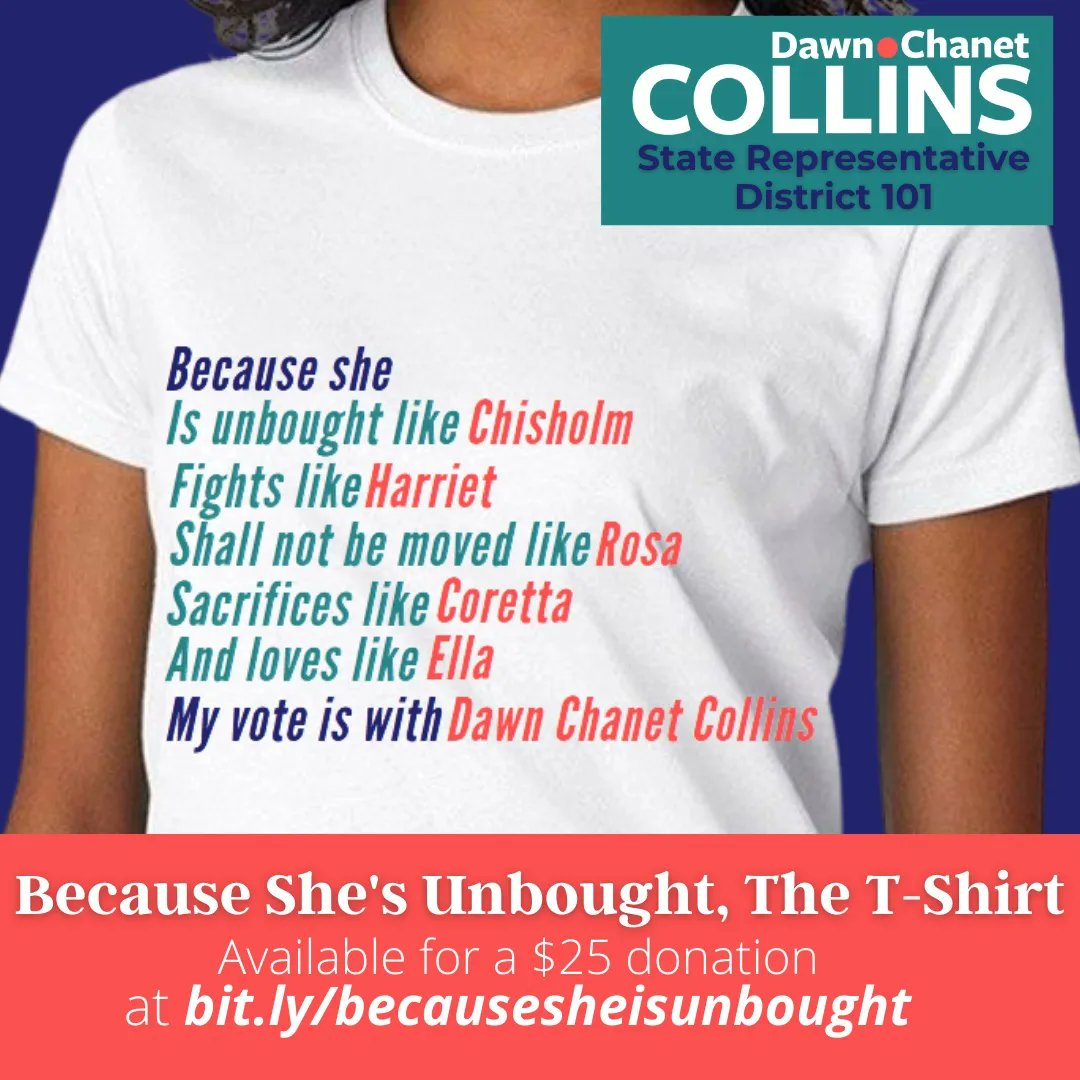 DDCollins76's tweet photo. The "Because She's Unbought" t-shirts are back in stock!!!! Get yours mailed to you TODAY!!!! 👕 Order shirts and buttons online at https://t.co/ONg5BdzZ8O AND REMEMBER TO VOTE MARCH 26TH 
#DawnForStateRep #WeKnowDawn #WeLoveDawn https://t.co/pefv8HaLrx