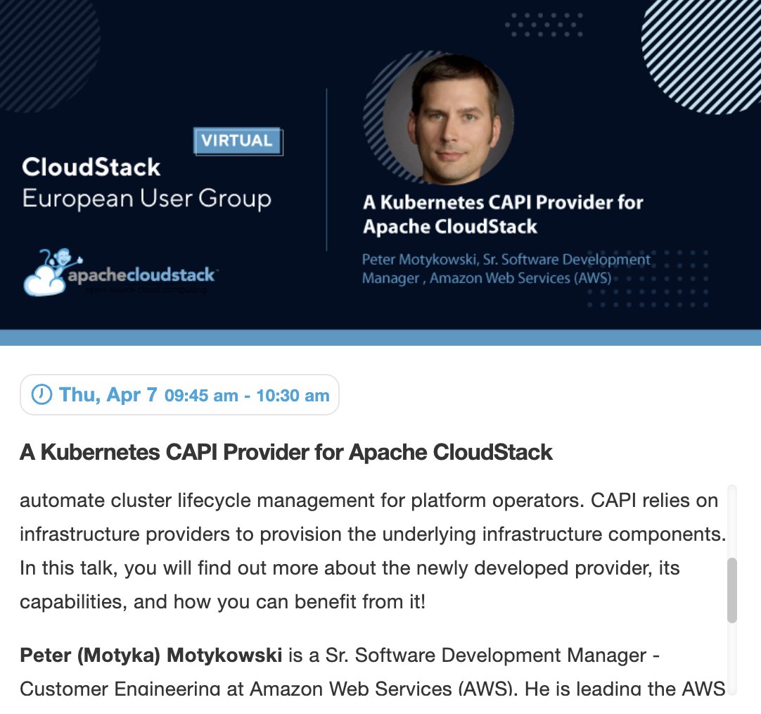 RohitYadavCloud's tweet image. Excited about the #Kubernetes CAPI (Cluster-API) Provider for #Apache @CloudStack talk by Peter, Sr Software Dev Manager, AWS; in the virtual CloudStack European User Group on 7th April 2022. Register here: events.hubilo.com/cloudstack-eur… #CloudStackWorks #Kubernetes #CAPI #k8s