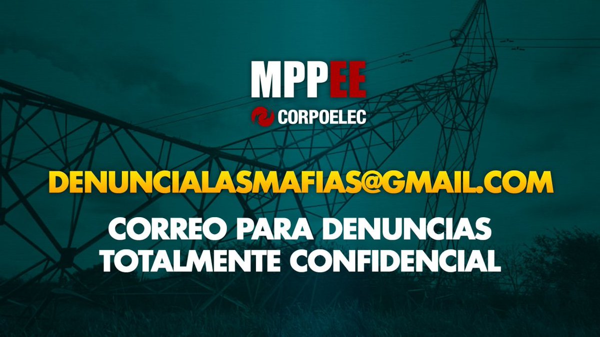 🚨𝐃𝐄𝐍𝐔𝐍𝐂𝐈𝐀📬
El @mppeevzla pone a disposición del pueblo venezolano el correo 👉 denuncialasmafias@gmail.com
En esta lucha contra la guerra eléctrica ¡Venceremos!