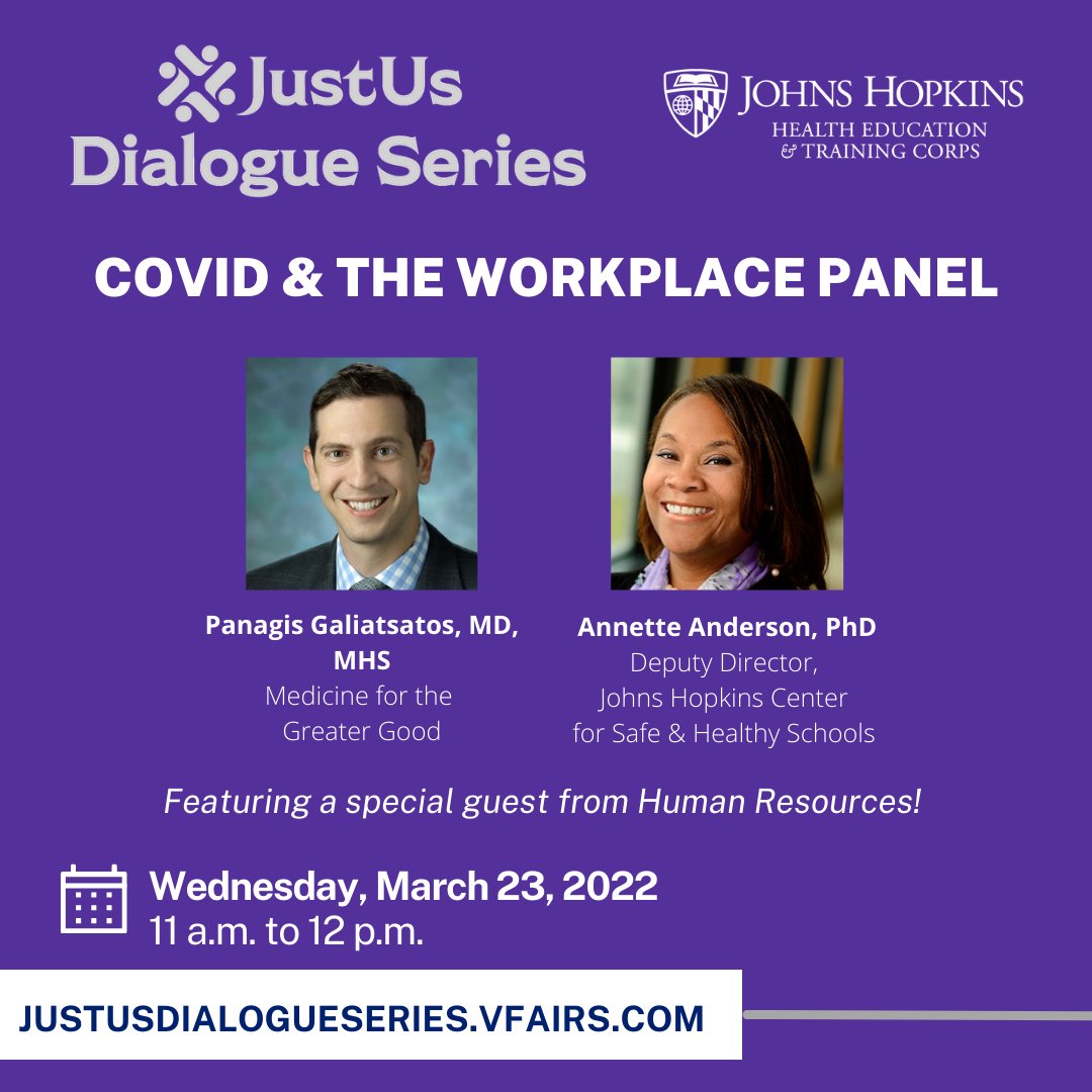 Join us next Wednesday, for an opportunity to hear from John's Hopkins experts about COVID & The Workplace! Learn more about the virtual event and register here: bit.ly/JustUsRegistra…