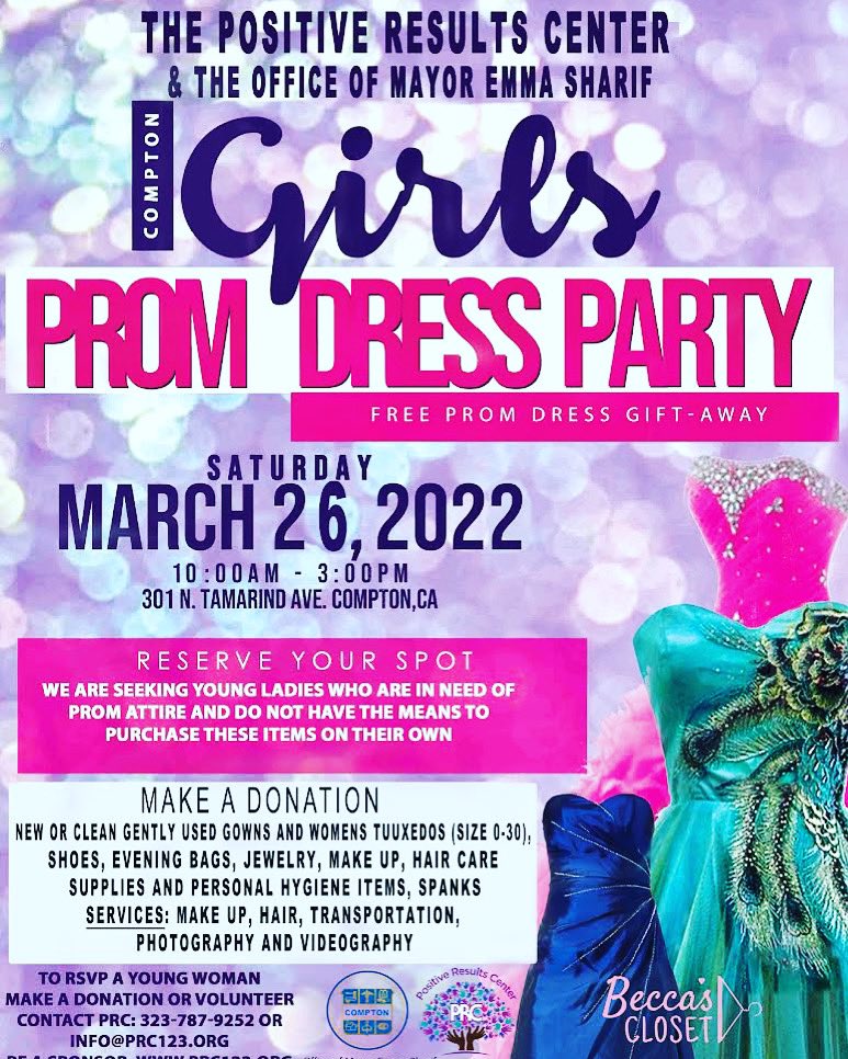 CV Counseling Connect (@cv_connect) on Twitter photo FREE Prom Dress Giveaway! Saturday, Date: March 26th
Time: 10 am to 3 pm
Address: 301 N. Tamarind Ave. Compton, CA
Each girl will be assigned a personal shopper. Gowns sizes 0 - 28, and shoes 4-14. Non-gender tuxedos will also be available.
RSVPs at info@prc123.org FREE Prom Dress Giveaway! Saturday, Date: March 26th
Time: 10 am to 3 pm
Address: 301 N. Tamarind Ave. Compton, CA
Each girl will be assigned a personal shopper. Gowns sizes 0 - 28, and shoes 4-14. Non-gender tuxedos will also be available.
RSVPs at info@prc123.org