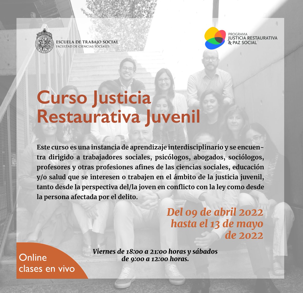 📣¡Pronto comenzará el Curso de #JusticiaRestaurativa Juvenil!

Conoce más, aquí▶️ tinyurl.com/5n6dkae4
Postula aquí ▶️ tinyurl.com/2p8r3yv2

🗓Desde el 9 de abril hasta el 13 de mayo 
💻Online – clases en vivo