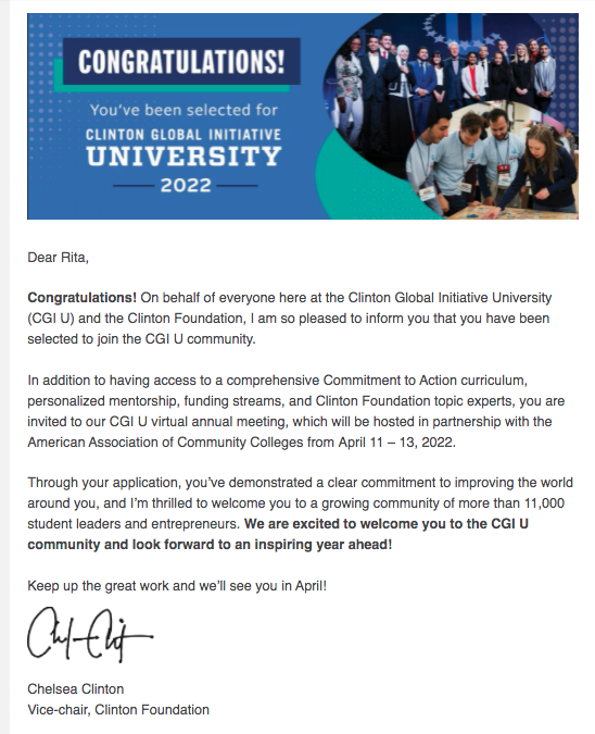 mhcdi's tweet photo. We are excited to be selected as global leaders in the  2022 class of Clinton Global Initiative University. Can't wait to get more work done. #CGIU2022 #ClintonFoundation. https://t.co/ie6h0n0wAe