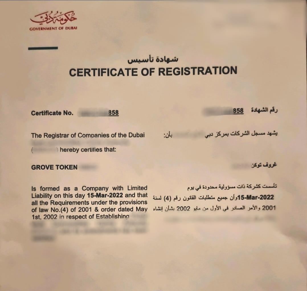 Official Certificate of Registration. Grove Token is officially a Dubai LLC  business. Congratulations to All Grovers. We are incredibly proud and  honored to be part of this Great Country and its people. @