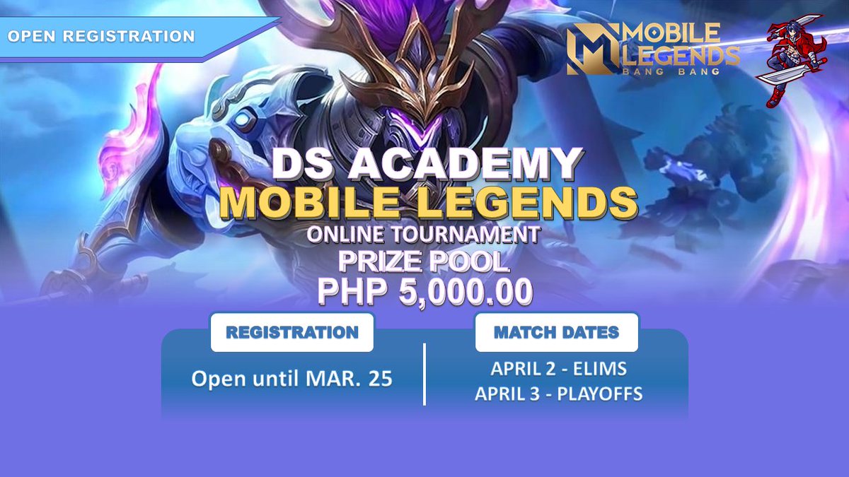 dsaxieacademy's tweet photo. DS ACADEMY is mostly known as an academy for Axie Infinity scholarships. 

With this, we proudly present to you DS Academy's first ever 5v5 Mobile Legends Tournament. And this time, we're opening it to the public so anyone and everyone can join!

to join: https://t.co/Gnnsc1RdRm https://t.co/5d8TFAfeeM