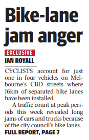 okreroy's tweet photo. Herald Sun desperately trying to whip up anger against bike lanes, despite their own data collection showing 25% of 'vehicles' entering the CBD are bikes.
Downplayed as 'just 1 in 4' - it's actually quite a decent ratio which will continue to grow as the network is expanded. https://t.co/Lt9qNs56tf