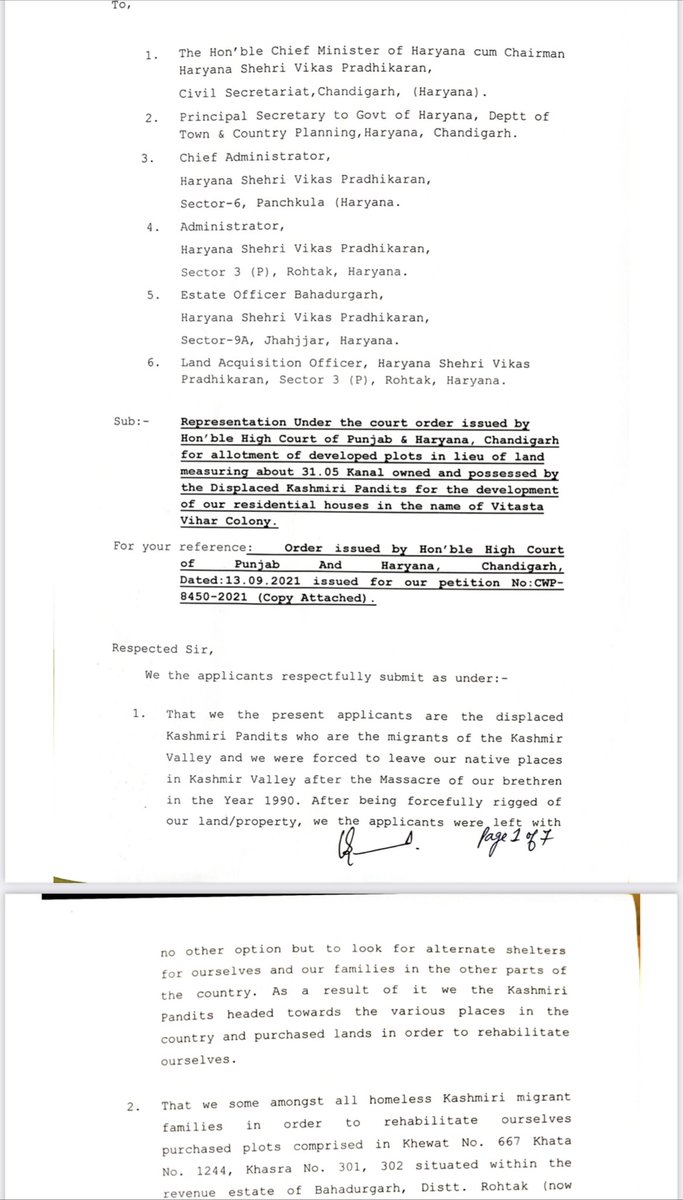 anishwali's tweet photo. @HonaDhar @BJP4JnK @BJP4India @narendramodi @PMOIndia @AmitShahOffice @HMOIndia Almost 30 years and still waiting, inspite of several representations to Central and Haryana State Govt’s to get our piece of land in Bahadurgarh which we had paid for. #VitastaVihar https://t.co/rGHS5vBsxd