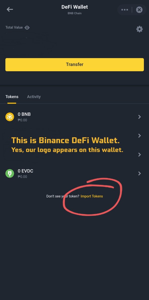 Xfranco16's tweet photo. Tested Binance Defi Wallet. For EVDC Token to appear, 

1) Tap "Import token"
2) Tap "Customize"
3) Paste EVDC contract

0xc3b4c4ef3fe02ad91cb57efda593ed07a9278cc0

Try it! (I recommend using a test wallet address first)

DO NOT SHARE YOUR WALLET ADDRESS TO ANYONE! NEVER! https://t.co/NhJGX2ovKa
