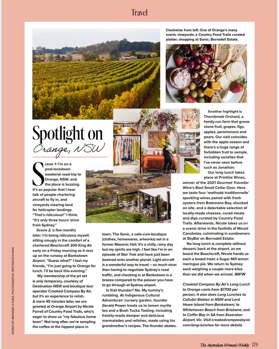 CrookedCompass's tweet photo. We have some great coverage in this months @womensweeklymag from our long lunch in Orange via private plane tour - we just scraped this adventure in the weekend before lockdown! Such an incredible experience that you can make yours! #crookedcompassbyair #longlunchinorange https://t.co/DH5laIZPtw