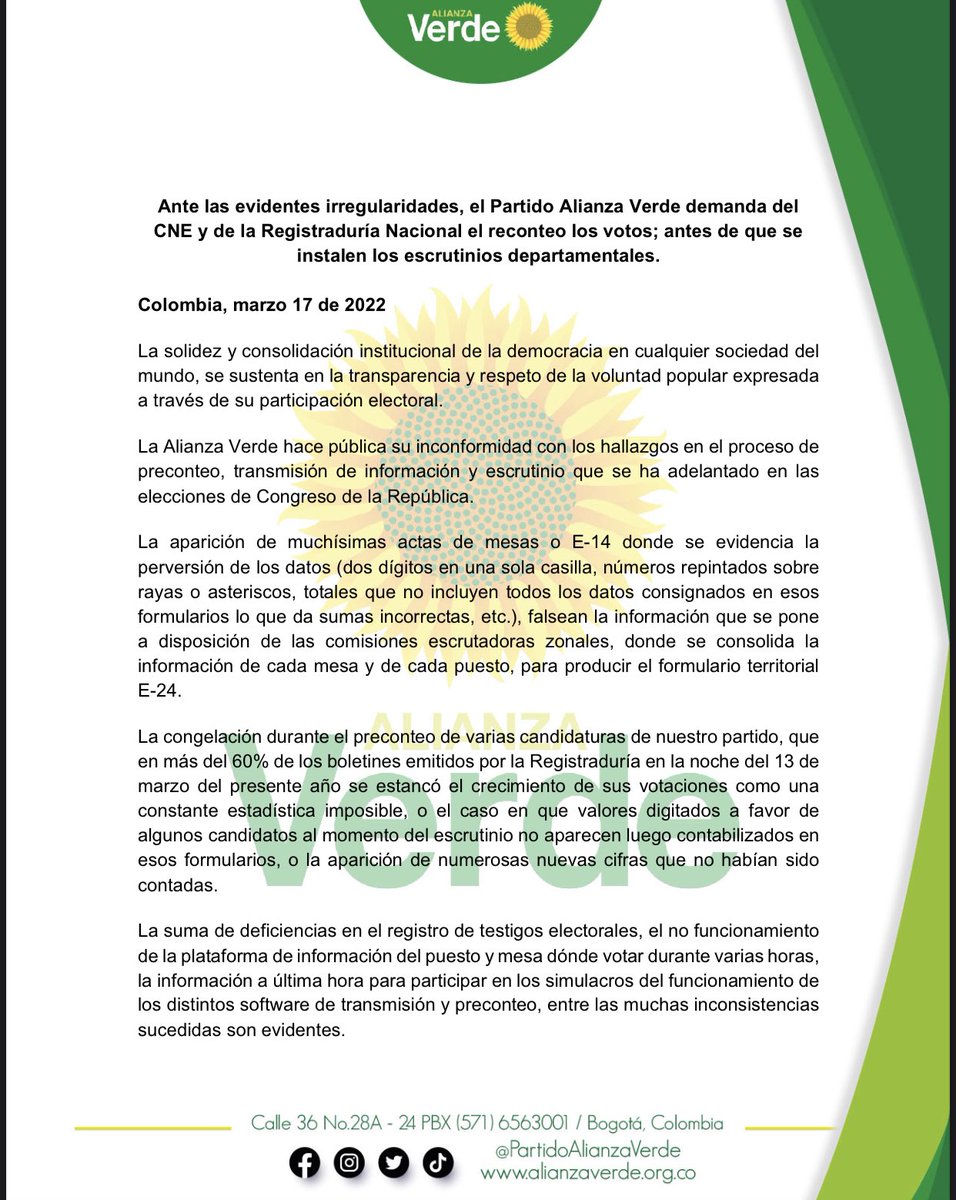 AntonioSanguino's tweet photo. Acompaño decididamente esta demanda ante el CNE por parte de nuestro @PartidoVerdeCoL, por las evidentes irregularidades en las elecciones del pasado domingo.

La democracia NO puede ser manoseada de esta manera tan descarada. Urge reconteo TOTAL. https://t.co/qIyvHVYAxo