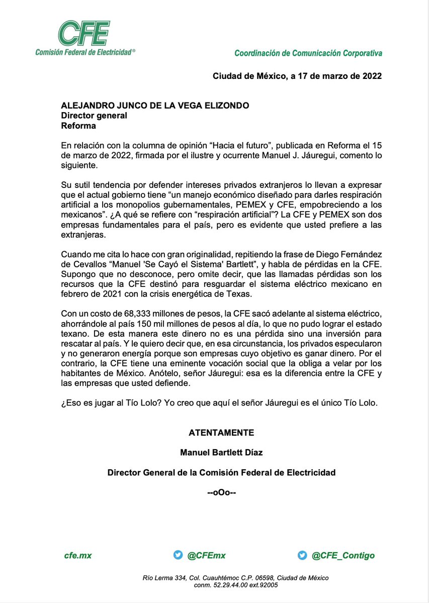 ManuelBartlett's tweet photo. Mientras los privados especularon ante la falta de gas natural, en febrero de 2021, la CFE puso por delante su vocación social y aportó recursos para sacar adelante a México. Esa es su diferencia con las empresas extranjeras que defiende "Manuel J. Jáuregui" en @Reforma. https://t.co/oogW5Qgyz2