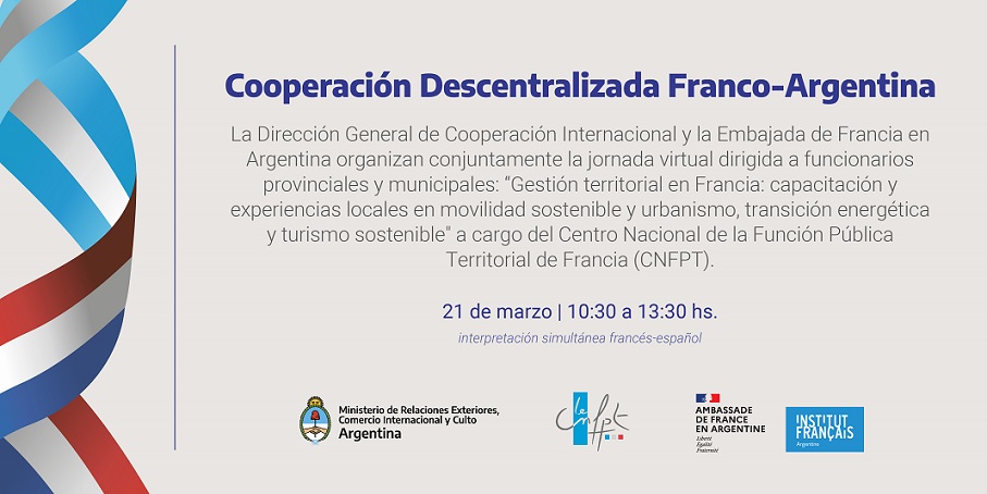 La Dirección General de Cooperación Internacional <a href="/CooperacionArg/">Cooperación Argentina</a> 🇦🇷 y  <a href="/FranceArgentine/">La France en Argentine🇨🇵🇪🇺</a> 🇫🇷 convocan a Jornada Virtual sobre la #CooperaciónDescentralizada Franco-Argentina.

Inscripción 👉🏾 forms.gle/e4s9kdr8c8q8KH…
