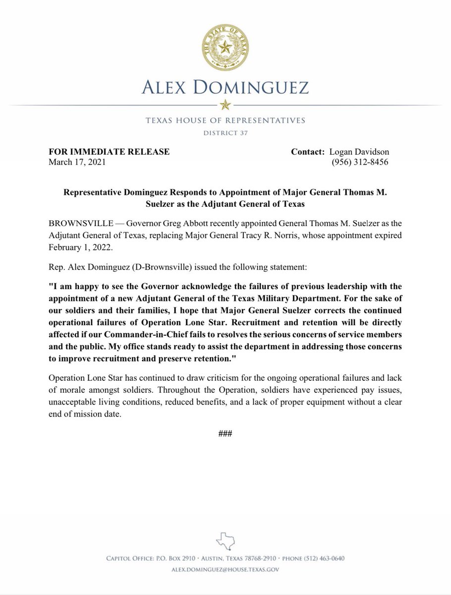 RepDominguez's tweet photo. I am happy to see the Governor acknowledge the failures of previous leadership with the appointment of a new Adjutant General of the Texas Military Department. 

My full statement here: 
#txlege https://t.co/bSzgVdTcVS