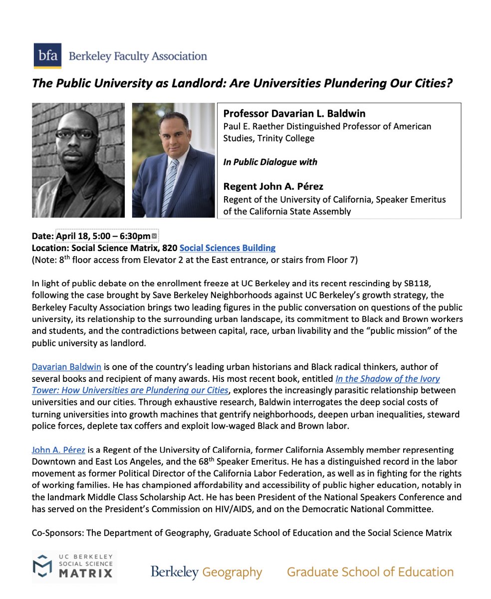 FacultyBerkeley's tweet photo. Thrilled that we'll be hosting @JohnAPerez and @DavarianBaldwin @SocSciMatrix on 18 April to discuss the growth of @UCBerkeley and what it means for students, staff, instructional faculty, and residents in light of #SB118 https://t.co/cEO4joUXdZ