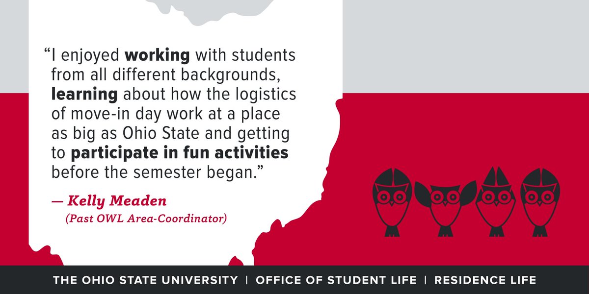 osu_housing's tweet photo. The OWL-Coordinator application is now open! This role serves as a mentor and small group leader during the Ohio State Welcome Leader program for a group of 10-15 OWLs and assists with Move-In. Application open to returning students. https://t.co/ZuJlPC14VW https://t.co/bwdA3095wh