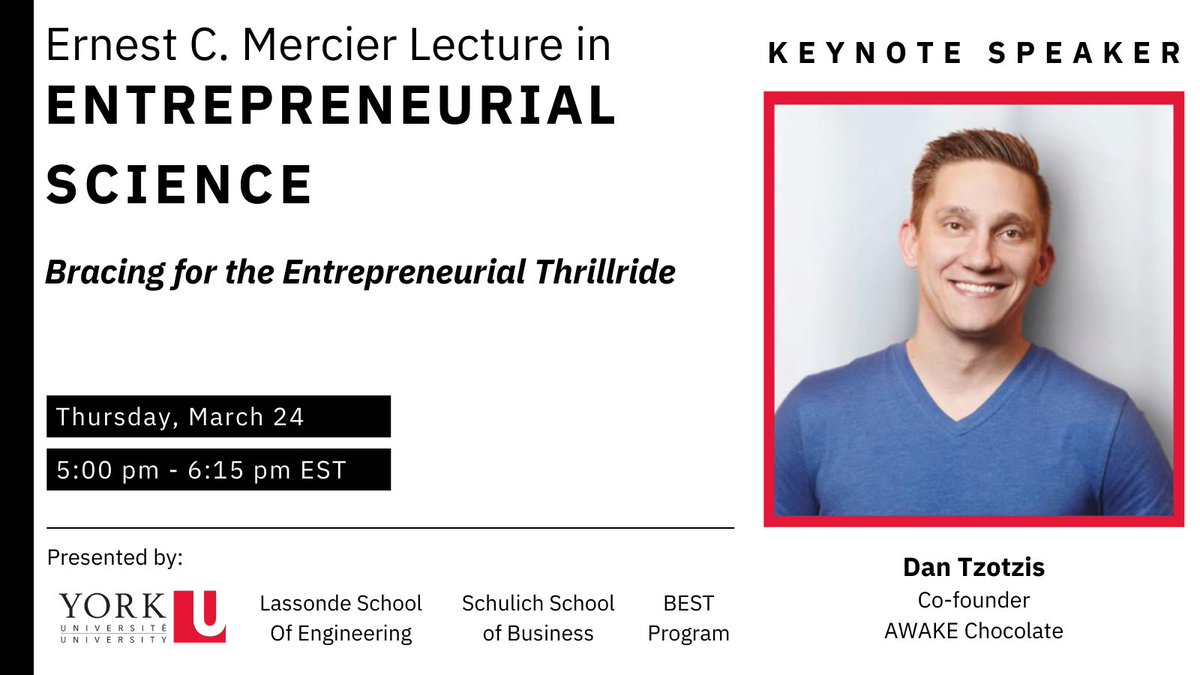 Spots still available for the Ernest C. Mercier Lecture in Entrepreneurial Science: Bracing for the Entrepreneurial Thrillride. Join Dan Tzotzis, co-founder of @AWAKEChocolate, on Thurs, March 24 where he shares his thoughts on entrepreneurship. Sign up: bit.ly/3vADLHz