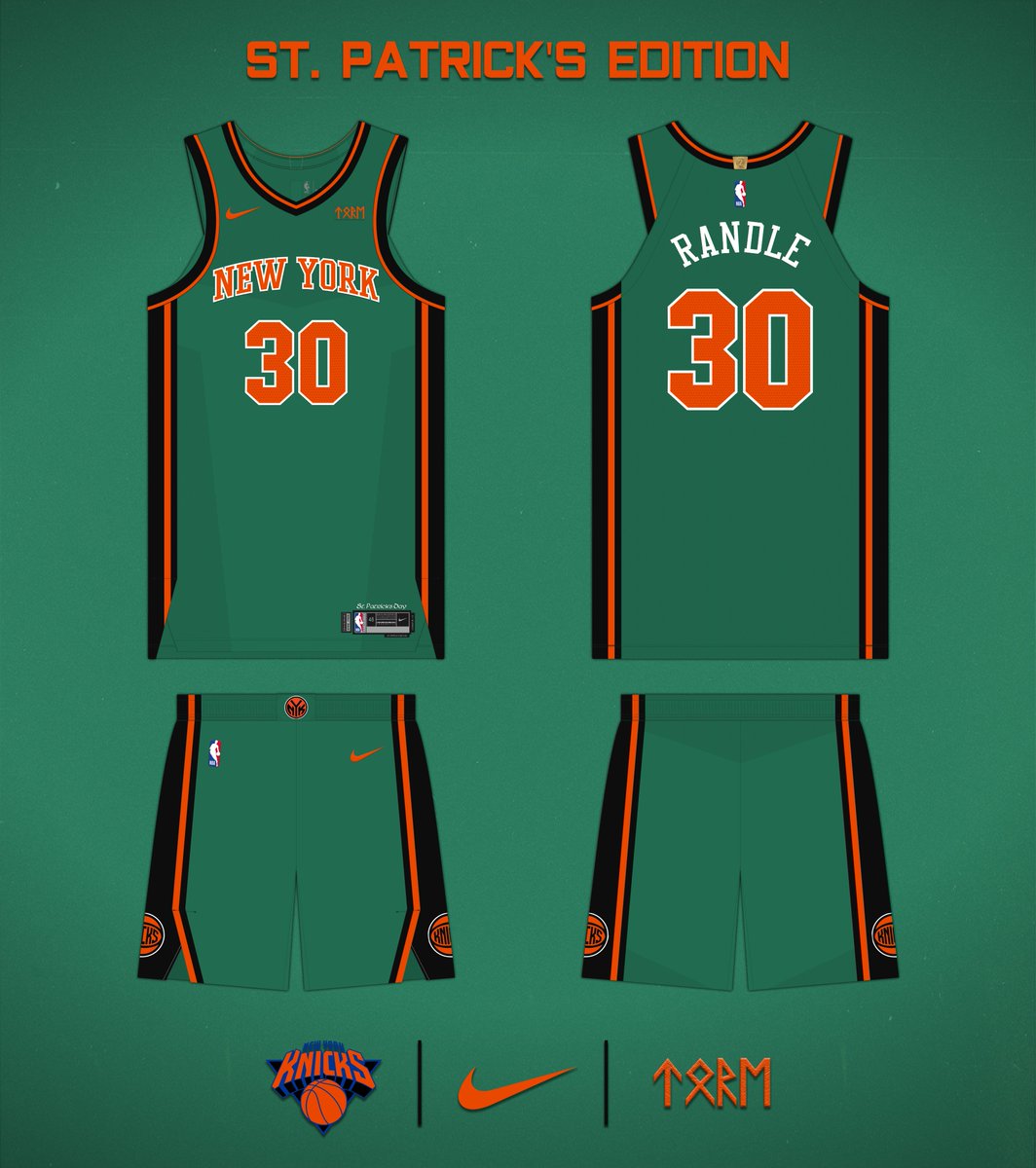 Eikthyrne's tweet photo. To continue the theme of #StPatricksDay uniforms, here are the @nyknicks drenched in green, black and orange. #NewYorkForever #NBA #NBATwitterLive #NBATwitter #NBAConcepts #NewYorkCity #Knicks #KnicksTape https://t.co/09cm9B8RK6