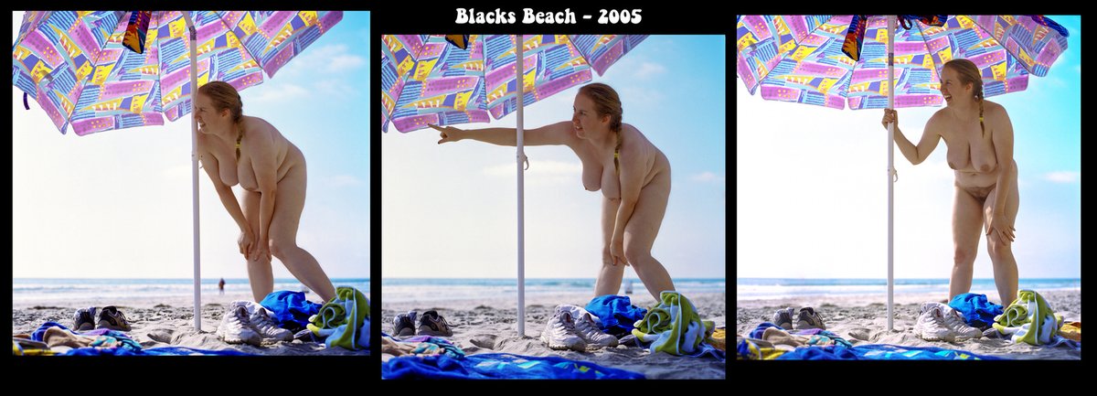 Triptych from that unfinished Blacks Beach photo project.  Big Hasselblad camera.  Inspired by Leif Heilberg.  On the technical side, I think a flash might be necessary to achieve Heilberg's bold imagery in full sunlight.  Maybe revisit the project if I can find willing subjects.