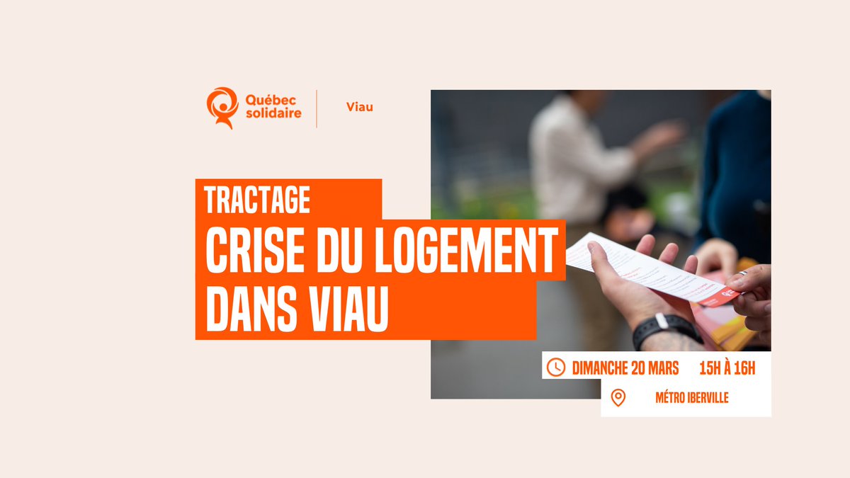 QSViau's tweet photo. Solidaires de Viau, venez tracter en notre compagnie :)
Quand? Dimanche 20 mars à 15h 
Quoi? Tractage sur le logement 
Où? On se rencontre à la station Iberville, en haut des escaliers, sortie Jean-Talon / Louis-Hébert. 

Écrivez-nous si ça vous intéresse! https://t.co/ekKU6RDi7J
