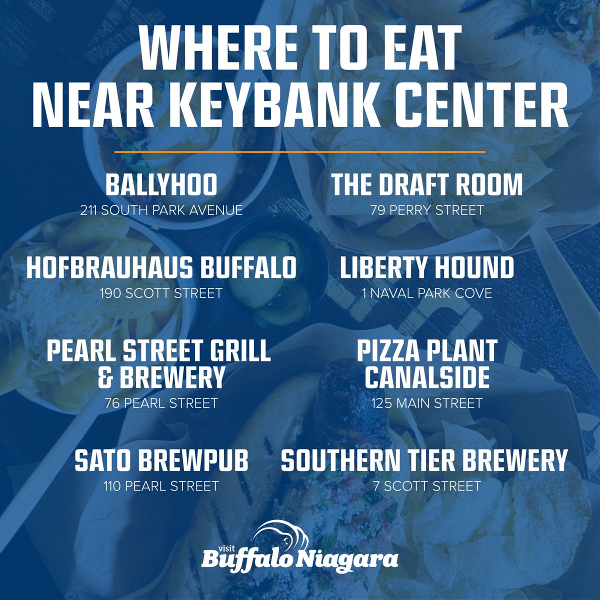 VisitBuffalo_'s tweet photo. Hey 🏀 fans, we know you’ve got limited time between sessions to grab a bite to eat. Luckily, there’s plenty of good eating to be had just steps away from @KeyBankCtr! #HoopsBUF https://t.co/b8M2ybsMRK