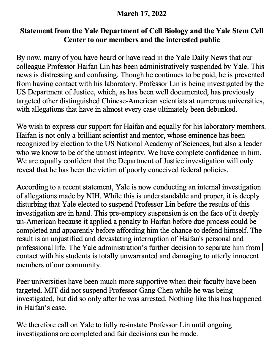 Yale Cell Biology (@yalecellbio) on Twitter photo The faculty in <a href="/YaleCellBio/">Yale Cell Biology</a> and <a href="/YaleSCC/">Yale Stem Cell Cente</a> strongly support our colleague Haifan Lin and his entire research group in the wake of his administrative suspension by <a href="/Yale/">Yale University</a>, a step taken without any formal charges or due process. See our statement 👇👇 The faculty in <a href="/YaleCellBio/">Yale Cell Biology</a> and <a href="/YaleSCC/">Yale Stem Cell Cente</a> strongly support our colleague Haifan Lin and his entire research group in the wake of his administrative suspension by <a href="/Yale/">Yale University</a>, a step taken without any formal charges or due process. See our statement 👇👇