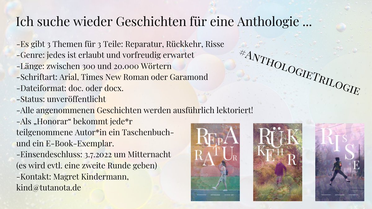 Ich suche wieder Geschichten für eine die zweite Runde der #AnthologieTrilogie! Die neuen Themen sind:

- Risse
- Rückkehr
- Reparatur

!B