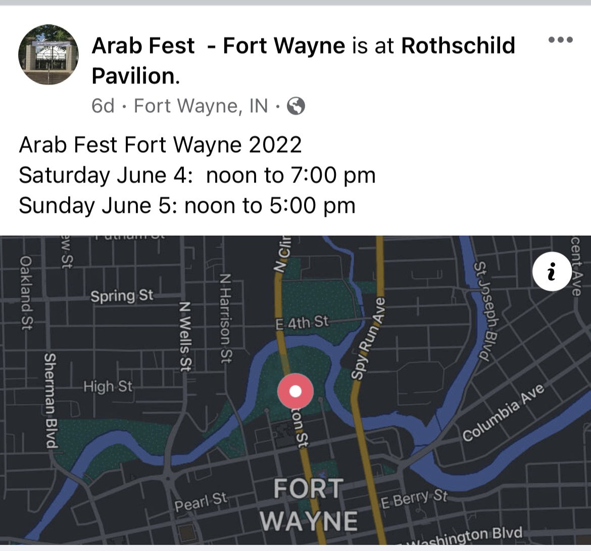 ArabFestFW's tweet photo. We’re back in 2022!!
Join us for #ArabFestFW2022 on
Saturday June 04: 12-7pm
Sunday June 05: 12-5pm
#arabfestfw #arabfest #fortwayne #fortwaynein #fortwayneindiana #festival #summerfestival #2022 https://t.co/d84DDc4We4