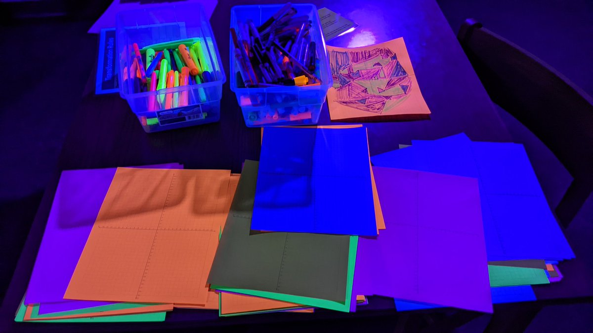 MrUllrich's tweet image. Day #1 of the #GlowMath project has students using highlighter, black-lights, geometric transformations, and their brainpower to make glowing stained glass windows!  Can&apos;t wait to see the final product tomorrow! @DmsHawks1 #DMSProud