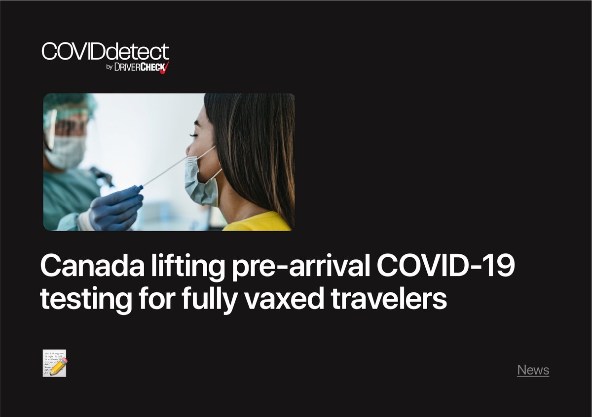 COVIDdetectDC's tweet photo. #Breaking ๐ฐโ๏ธ
Fully vaccinated travelers entering Canada will not have to show proof of a negative COVID-19 test as of April 1st
Read the full article: ๐https://t.co/ZzLaZloI7O
#COVIDdetect #DriverCheck #COVID19 #TravelTesting #Travel #COVIDTravel #COVIDTravels #Canada https://t.co/qaBjy4kiWg
