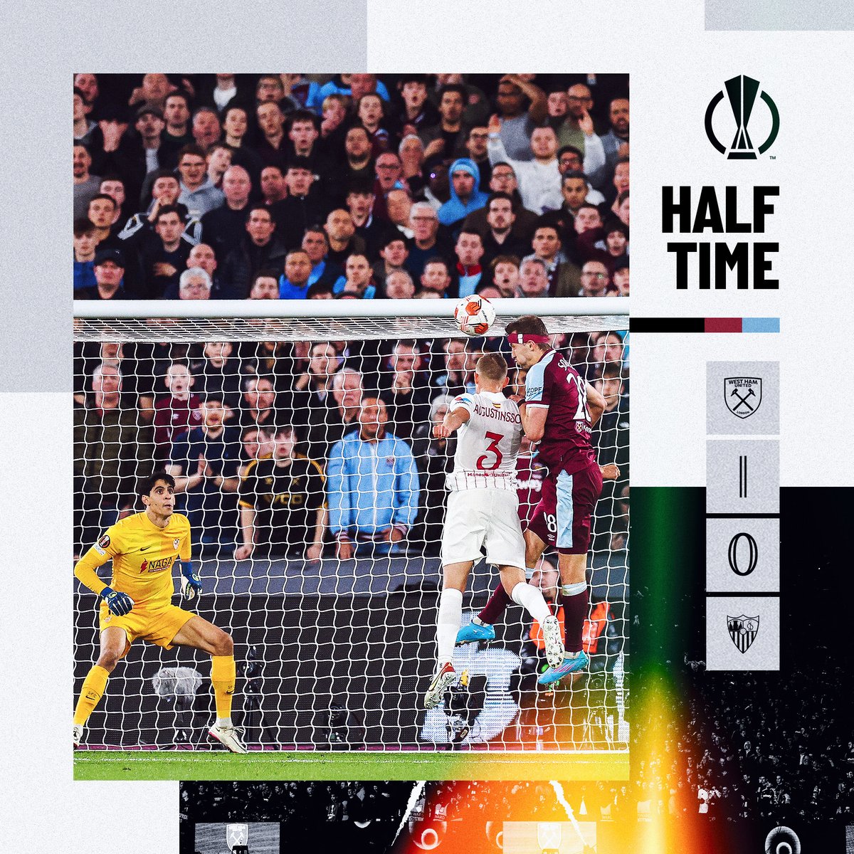WestHam's tweet photo. Tomas Soucek's header means we lead Sevilla at London Stadium at the break.

It's now 1-1 on aggregate in the tie.

#UEL| #WHUSEV https://t.co/7ZJbgjquEW
