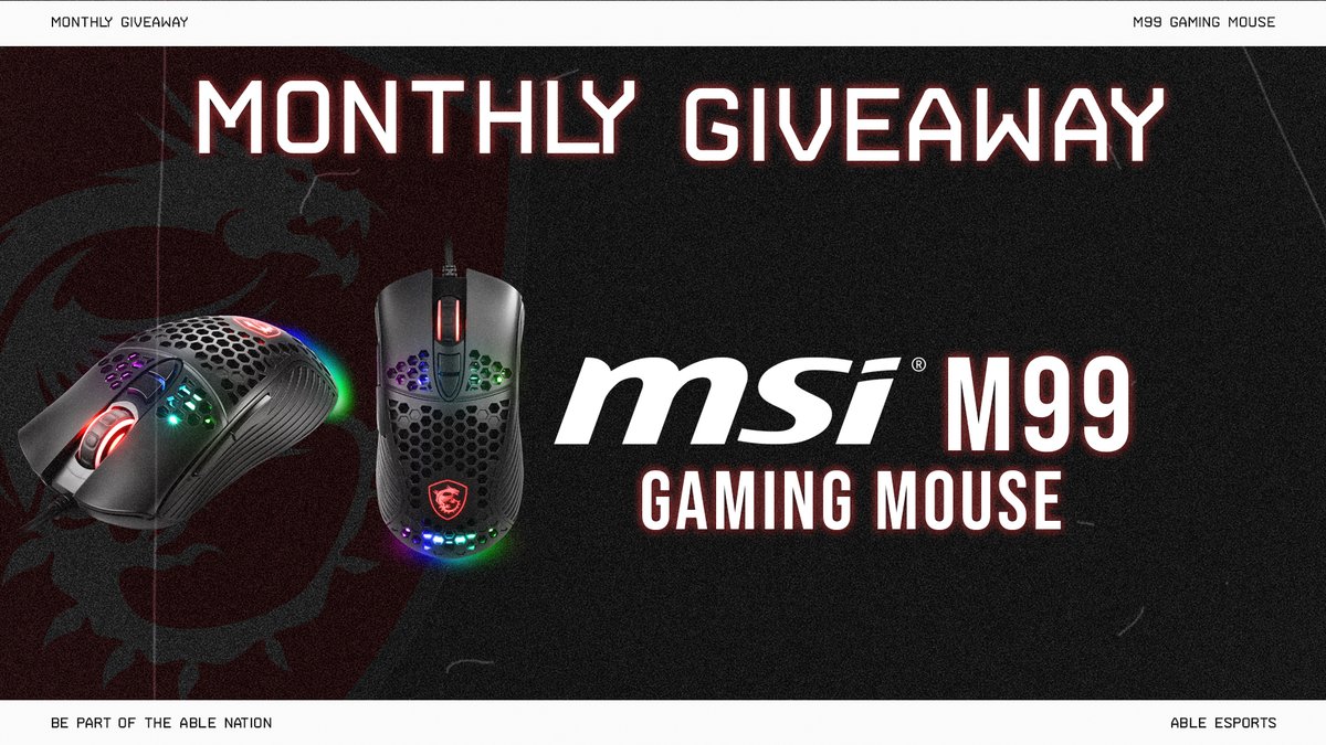 To celebrate our recent partnership with MSI Canada, our latest monthly giveaway is your chance to win a MSI M99 Gaming mouse‼️ You're sure to be clicking heads with this thing.

To enter:
1) Follow <a href="/AbleEsports/">Able Esports</a>
2) Like and retweet
3) Confirm your entries: gleam.io/competitions/u…