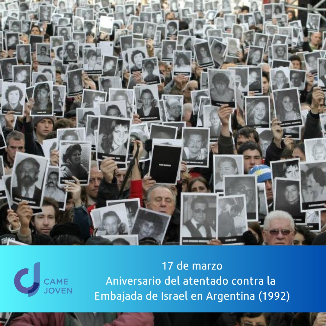 camejoven's tweet photo. El terrorismo deja huellas que no se borran con el tiempo. A 30 años del atentado a la Embajada de Israel en Argentina, mantenemos viva la memoria y acompañamos los pedidos de verdad y justicia.
#Amia https://t.co/ghq9McCngn
