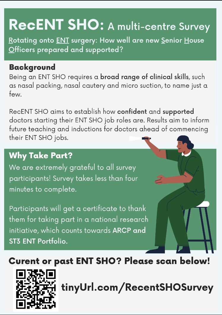 Friends, country people, UK ENT SHOs. 

Fancy filling a short survey?

ENT SHOs are often a mix of GPSTs, FY2s and CSTs with varied backgrounds and knowledge needs making induction tricky.

I’m a local lead for RecENT SHO, a project looking at how ENT SHOs are prepared/supported.