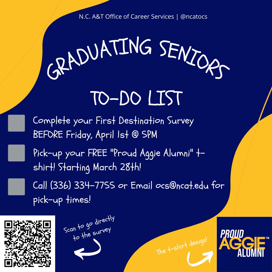 ncatocs's tweet photo. Seniors, make sure you complete the First Destination Survey via Handshake at https://t.co/Y3BRppJ99S! Let us know what your next moves are!
#ncat22 #ncatsga #aggiepride #ncatocs #ncat #deesecobe #jomc #crosbykids #ncatcaes #ncatcahss #ncatchhs #ncatcost #ncatcoe https://t.co/iixvXzlfOh