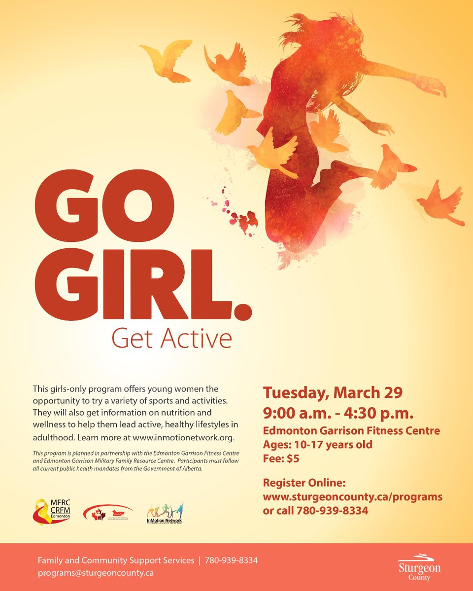 Rugby Alberta (@rugbyalberta) on Twitter photo For girls 10-17 yrs: Join us March 29, to try a variety of sports and activities & get information on nutrition & wellness to help lead active healthy lifestyles forever.
Register:
sturgeoncounty.ca/programs
Presented by <a href="/EdmFitCentre/">Edmonton Garrison Fitness Centre</a> <a href="/EdmontonMFRC/">Edmonton MFRC</a> <a href="/InMotionNetwork/">InMotion Network</a> #SturgeonCounty For girls 10-17 yrs: Join us March 29, to try a variety of sports and activities & get information on nutrition & wellness to help lead active healthy lifestyles forever.
Register:
sturgeoncounty.ca/programs
Presented by <a href="/EdmFitCentre/">Edmonton Garrison Fitness Centre</a> <a href="/EdmontonMFRC/">Edmonton MFRC</a> <a href="/InMotionNetwork/">InMotion Network</a> #SturgeonCounty