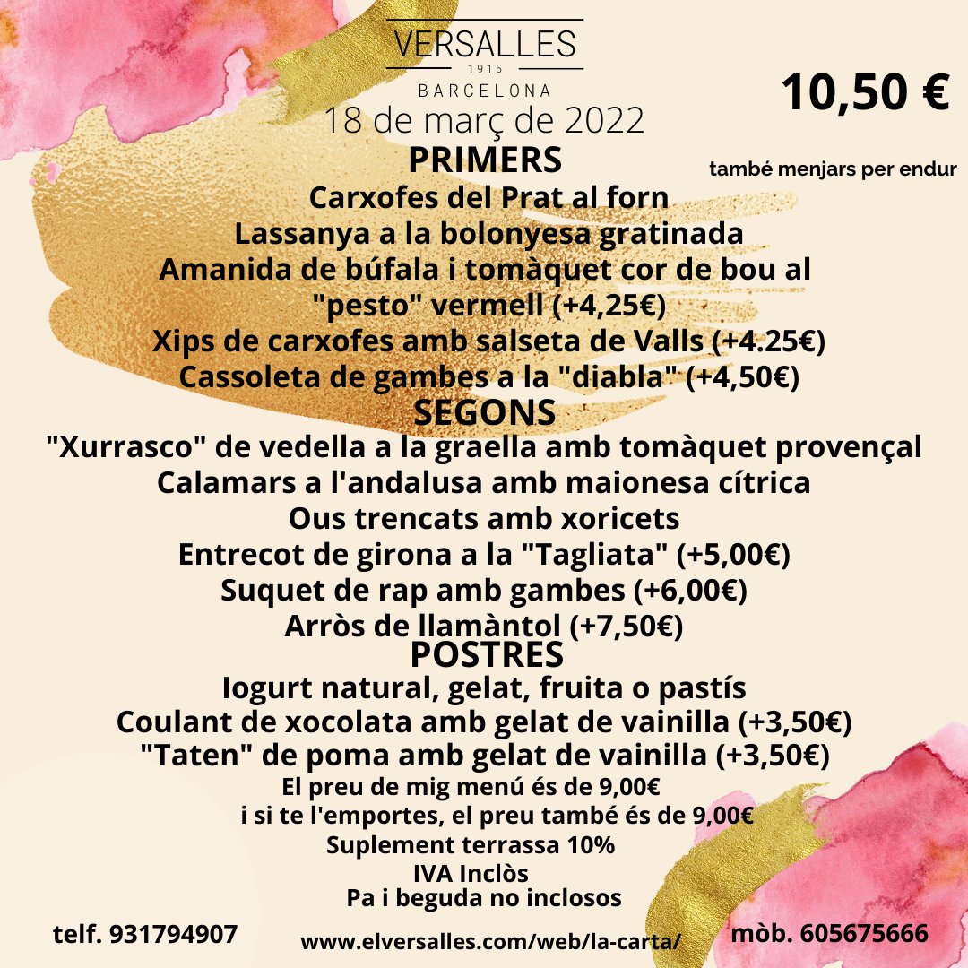 VersallesStAndr's tweet photo. Aquest és el nostre menú de demà. Enamorats de la nostra feina.
#barversalles #foodversalles #food #foodporn
#menjarbeabarcelona #restaurant #qualityfood
#elversalles #gaudiuelversalles #menudeldia https://t.co/1KaYexK4RU