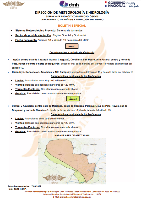 DMH_paraguay's tweet photo. Boletín Especial por Sistema de Tormentas 
Enlace: https://t.co/7E11fNwb94
Fecha: 17/03/2022
Hora: 17:54 h. https://t.co/WNGrnlJ3yr
