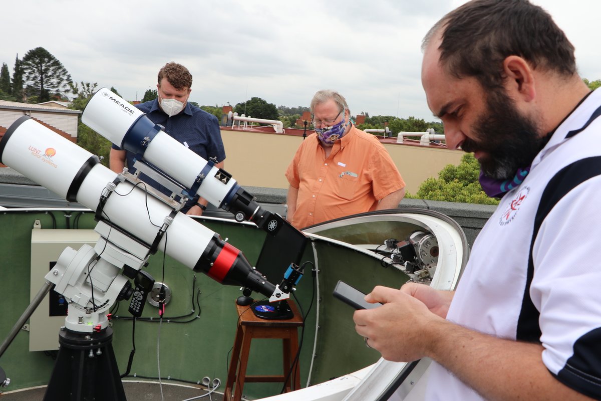 SpaceweatherSA's tweet photo. Today we got a tour of the rooftop solar telescope at @theNWU and @SansaMartin was super chuffed. https://t.co/9KKMm9cOPX