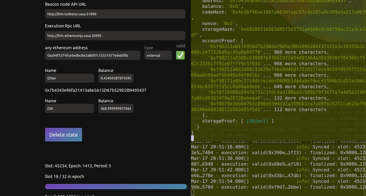 Gajpower's tweet photo. Since everyone has already posted on Kiln Merge ๐, I have to outdo them unfortunately!๐คฃ๐คฃ๐คฃ
Et Voila! ๐
๐๐๐ #lodestar #lightclient <> #ethereumjs #getproof/#verifyproof ๐๐๐
ON KILN ๐ฅ๐งฑ
Disclaimer: still WIP https://t.co/A1U4AvNJwT