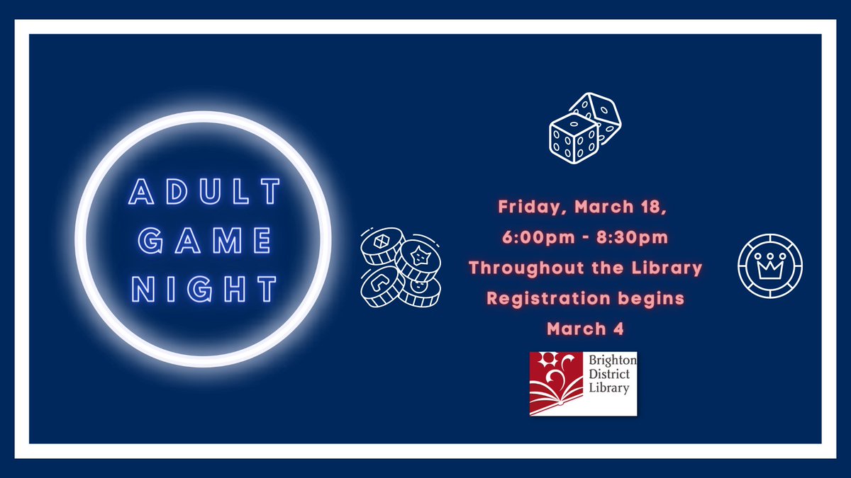 Clear your schedules and join us for a night of social gaming! Hosted after hours at the library, a wide variety of different games will be made available to play. 

Friday, March 18, 6 - 8:30pm
Throughout the Library
Ages 18+
Register today!
bit.ly/3tl6q0c