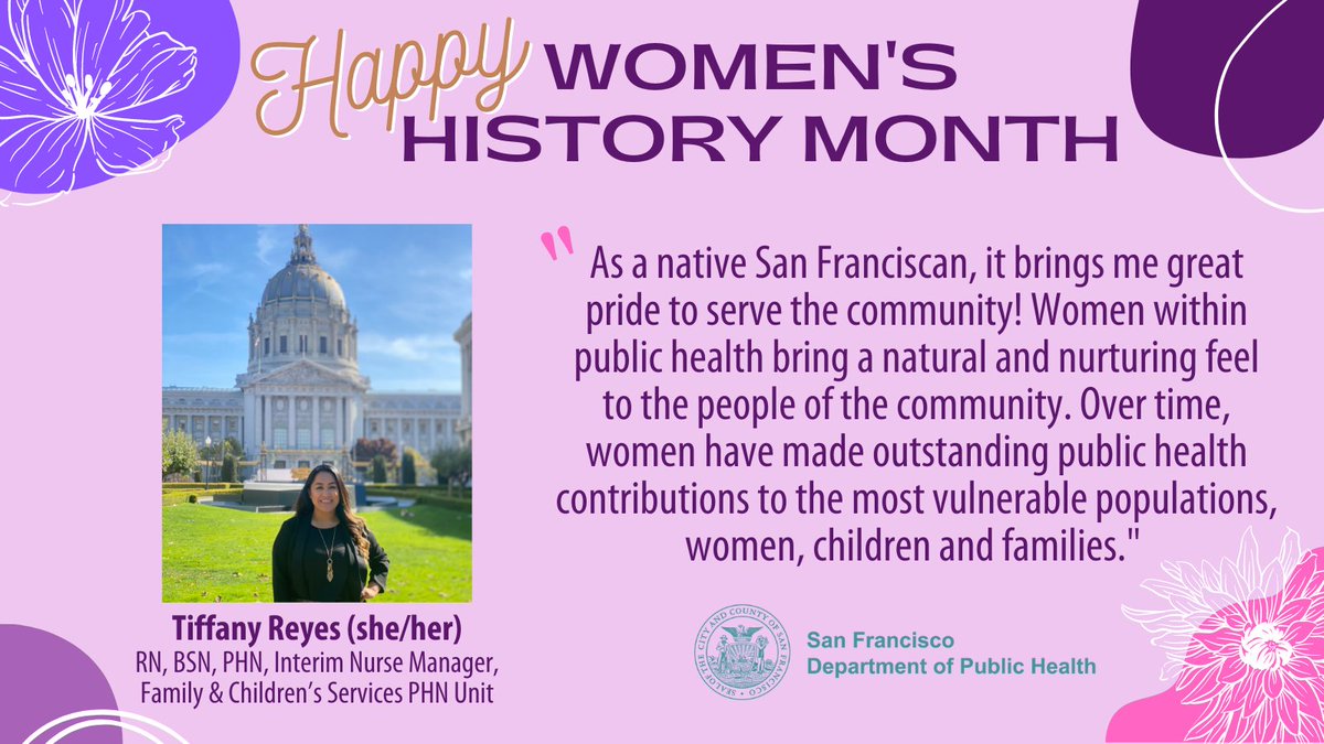 SF_DPH's tweet photo. "As a native San Franciscan, it brings me great pride to serve the community! Women within public health bring a natural and nurturing feel to the people of the community..." -Tiffany Reyes π #WomensHistoryMonth #TeamDPH https://t.co/Dk4BPBvYfC