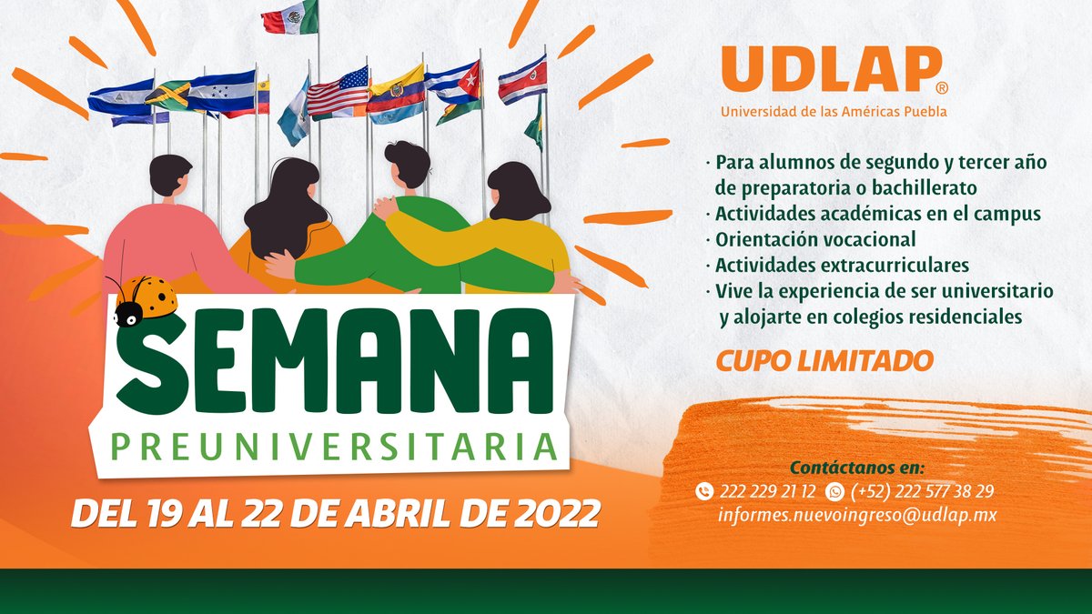 eligeudlap's tweet photo. Participa en la Semana Preuniversitaria y vive la experiencia de estar en el campus durante 4 días.
Aparta tu lugar, el cupo es limitado.
☎️Teléfono 2222 29 21 12
📲 WhatsApp 2225 77 38 29 https://t.co/plGKqUBenn